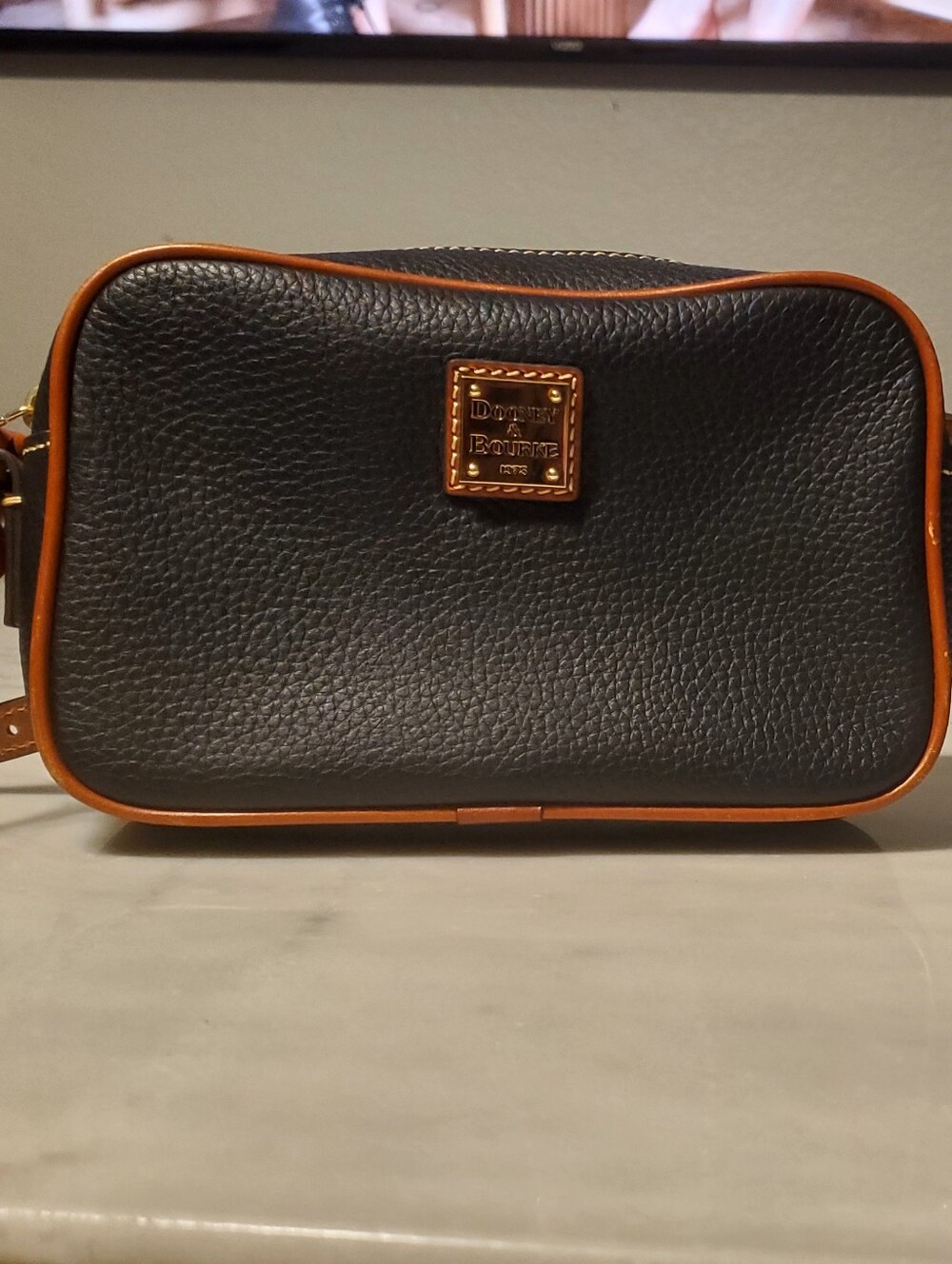 Dooney & Bourke Black Pebbled Leather Crossbody with Brown Trim